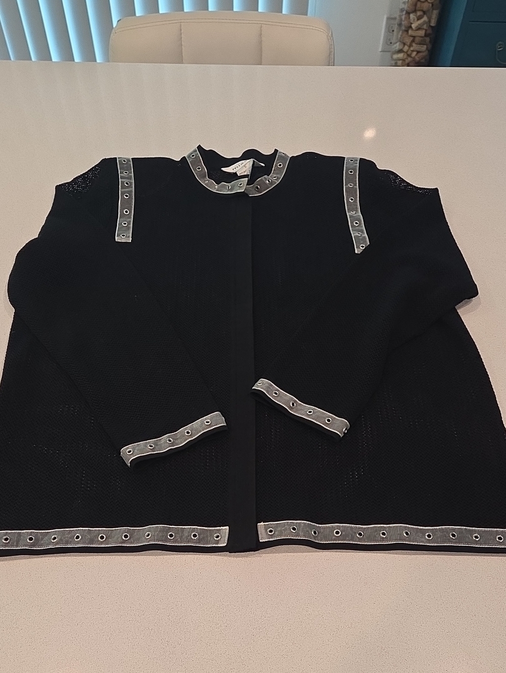Exclusively Misook Black Mesh Grommet Trim Cardigan Jacket Snap Front Size L